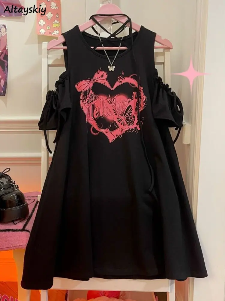 Y2k Gothic Dresses Women Hotsweet Chic Print Off Shoulder Vintage Punk Streetwear Loose Mini Vestidos Casual Fashion Schoolgirls