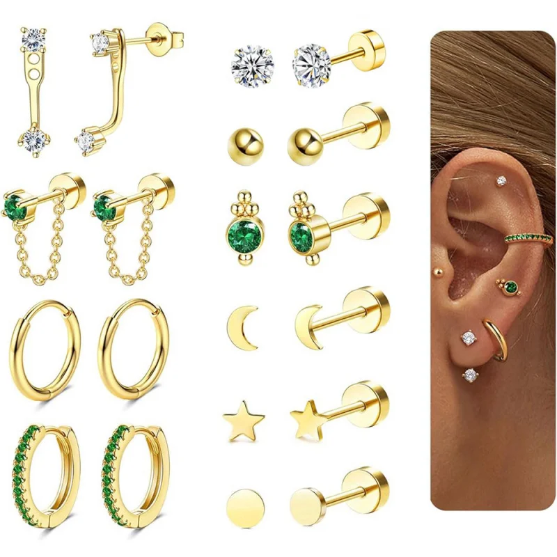 

New Ear Cuff Earrings Real Gold Electroplated Green Zircon Five-pointed Star Personality fashion Stud Earrings