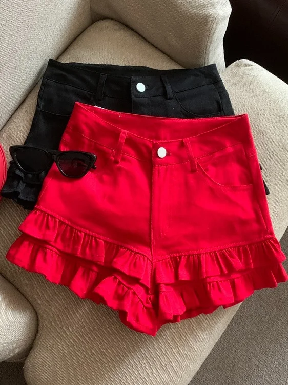 

Hong Kong Sle Spicy Girl Double Layer Ruffle Low Waist Denim orts Red A-Line Hot Pants Women Summer Slimming orts Skirt