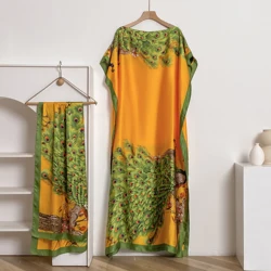 NEW Fashion Summer Dress With Big Scarf Dubai Turkey Kaftan Muslim Loose Abaya Women African Casual Maxi Peacock Shawl Robe