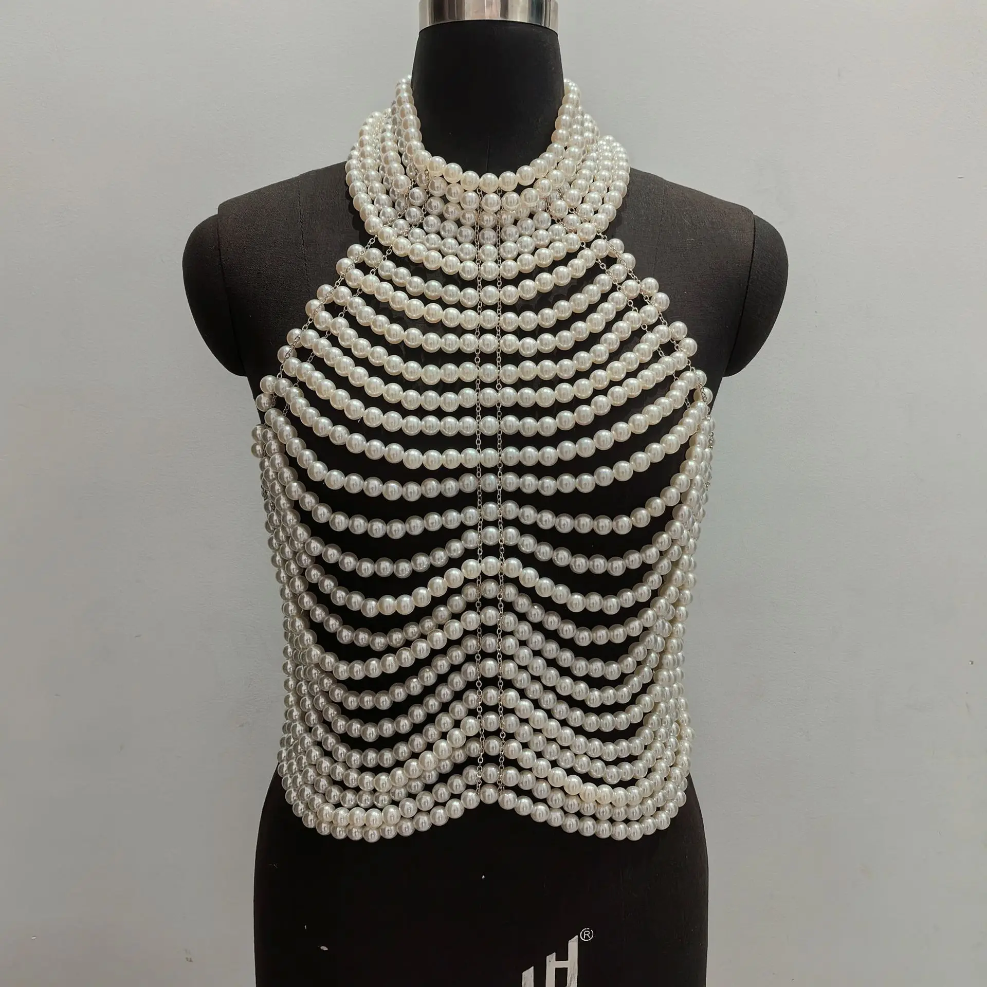 Heavy Industry Bead Wrapped Chest Exposed Back Body Chain Sexy Exaggerated Hand Woven Imitation Pearl Vest Pearl