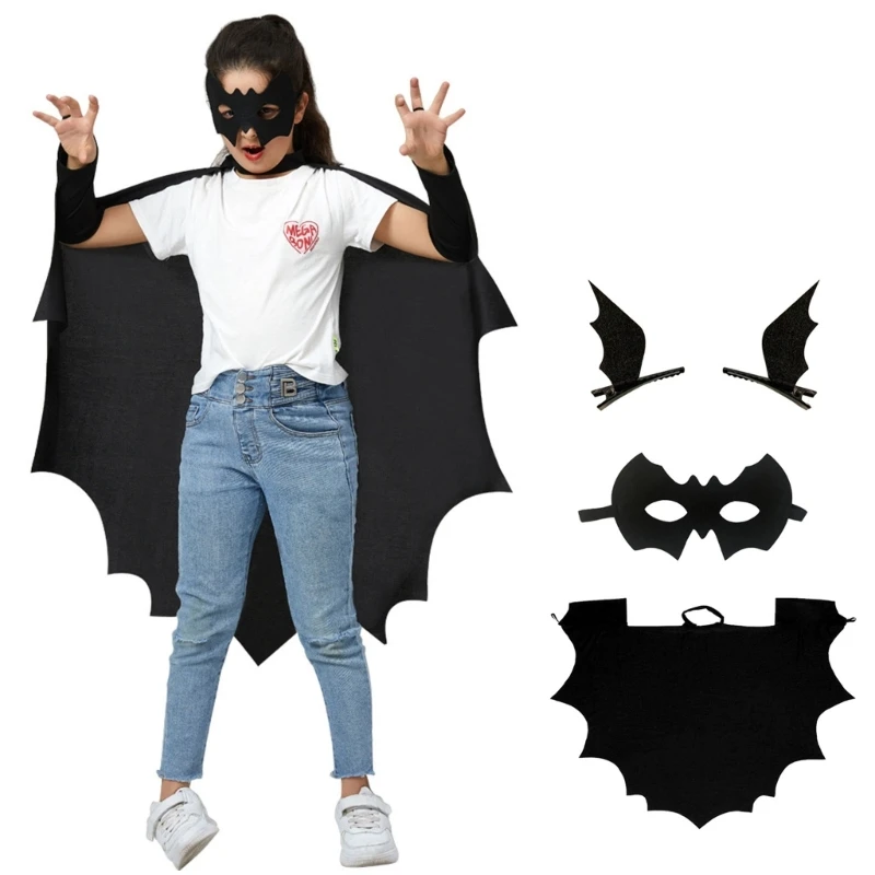 Ensemble de olympiques de chauve-souris d'Halloween pour enfants, comprend une cape à aile de chauve-souris, une pince à cheveux, un masque pour les yeux, un cosplay
