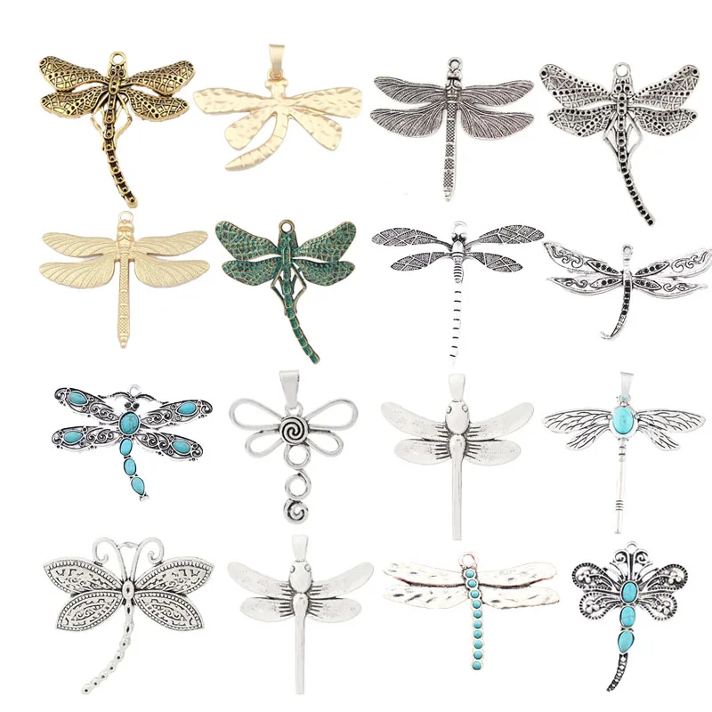 2pcs Large Green/Gold Color Dragonfly Charms Carved Insect Charms Pendants for Necklace Bracelet Jewelry Making Accessories