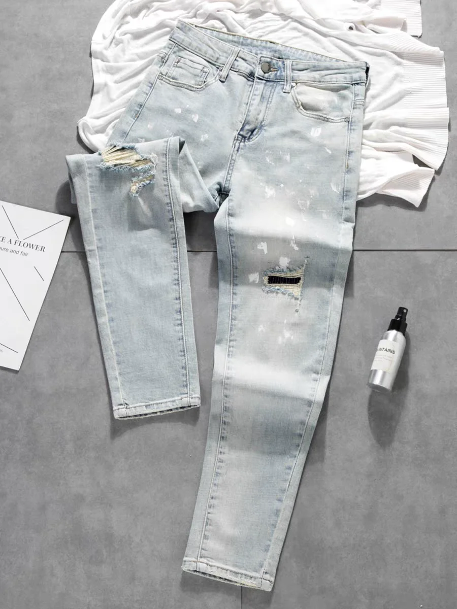 

Faionable Men's Slim Fit Jeans Spring Season Light Colored High End Splatter Painted Hole Denim Pants Versatile Cool Long T...