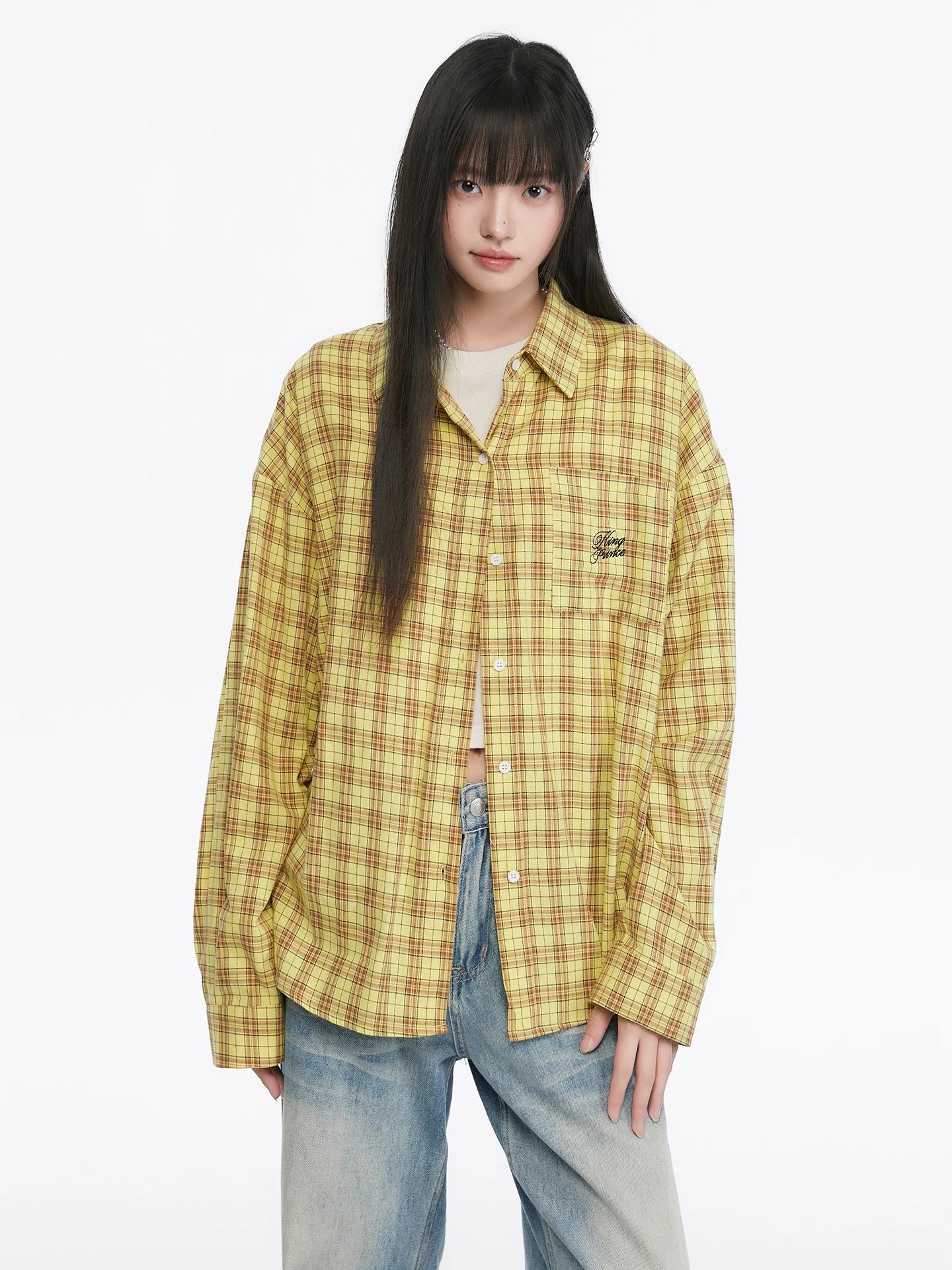 

King Prince Yellow Plaid Long Sve irt Women's Autumn Korean Sle Loose Versatile Sun Protection Plaid irt Coat