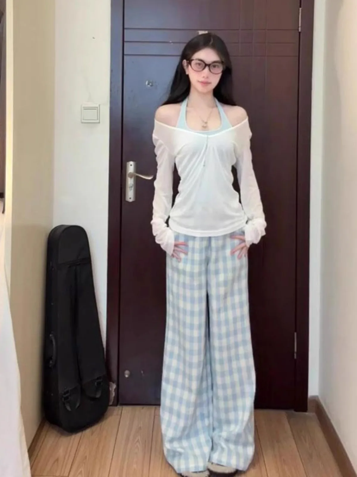 Korean Style Long Sleeve Neck Hanging Strap Women's Sun Protection Cover up Top And Bottom Two-Piece Set Spring Summer New Ar...