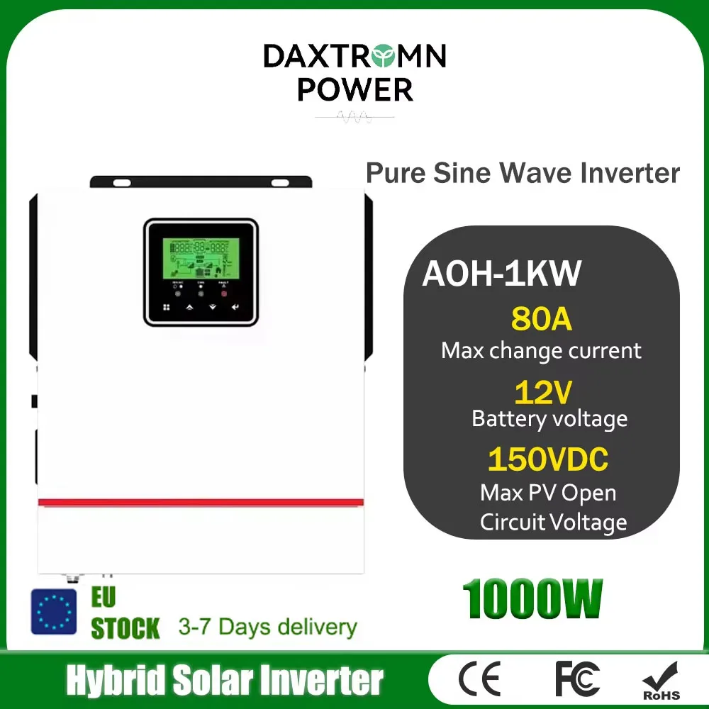 Daxtromn 1KW Solar Hybrid Inverter 1000W 12V 220V Pure Sine  Wave Inverter Solar Inverte Built-in 80A MPPT Solar Charger