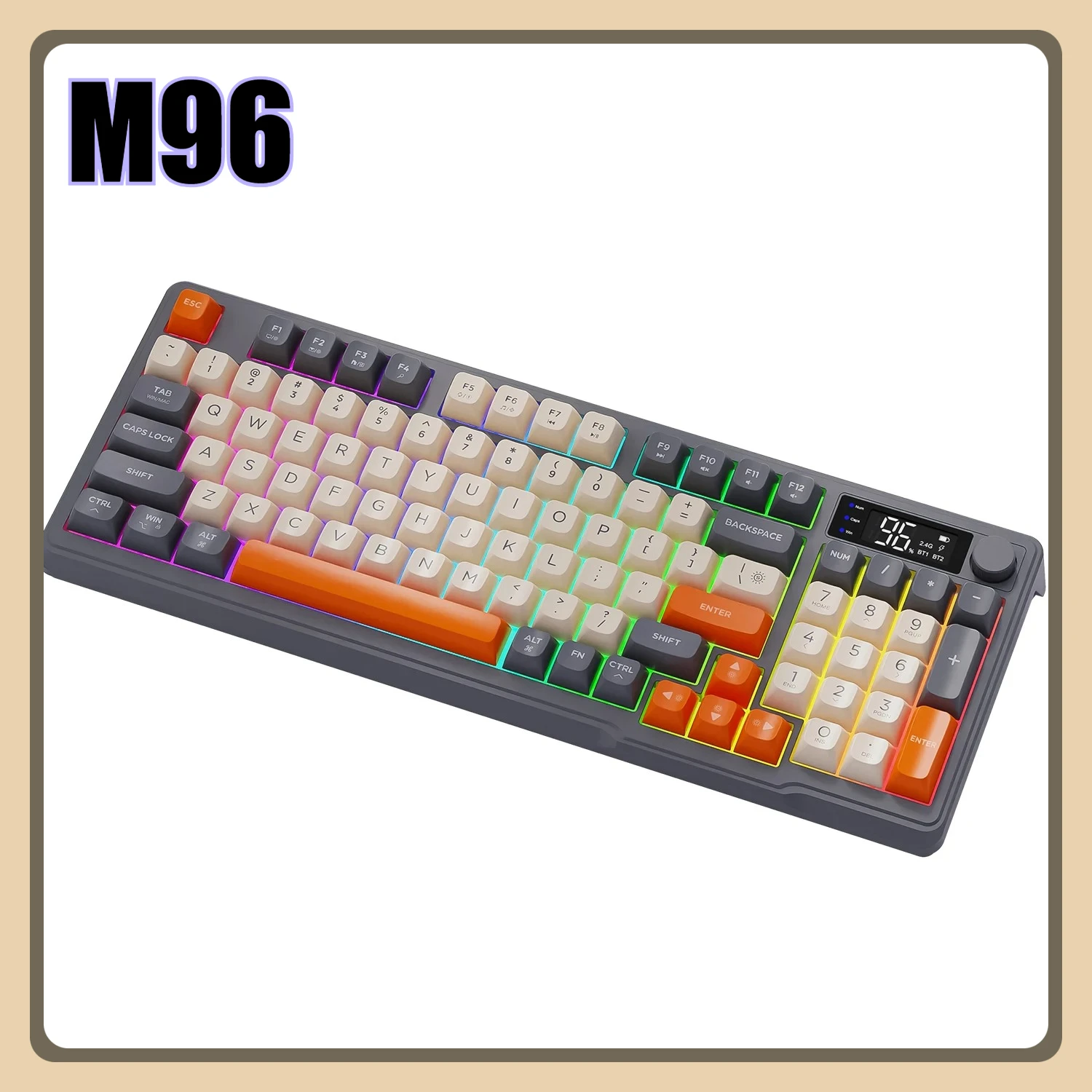 

Free Wolf M96 Wireless Keyboard Bluetooth Dual Mode Connection Multimedia Knob Battery Digital Display Colourful Light Notebook