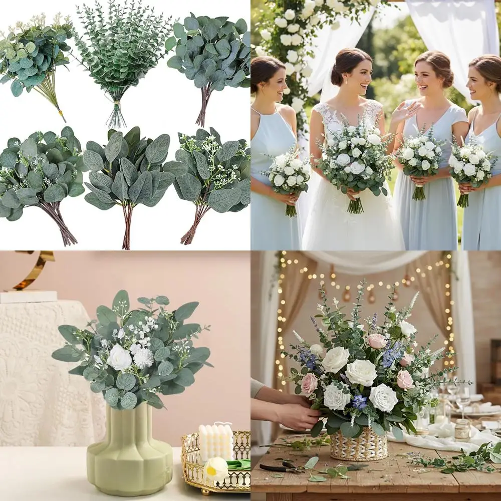 

Ассортимент из 240 штук из 6 образцов искусственных стеблей эвкалипта и серебряных листьев доллара для вышеного декора и свадеб