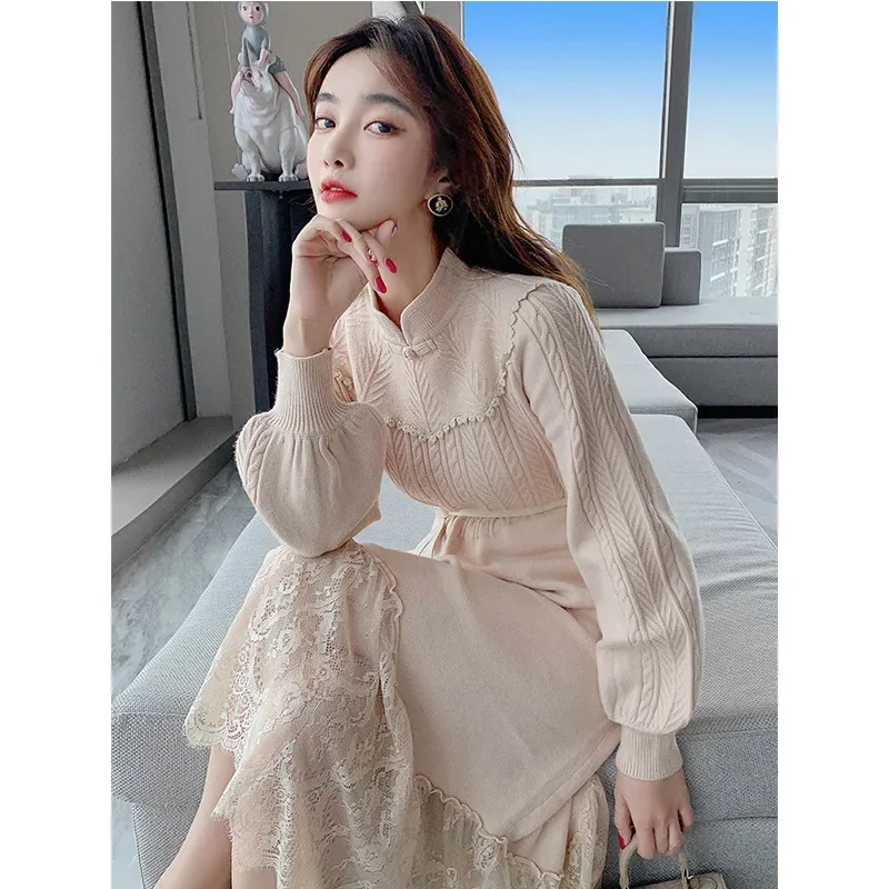 Cheongsam Dress Long Sleeves Spring Autumn Women's Clothing Knitted Sweater Dress French Retro Chinese Style Lace Lantern Sleeve