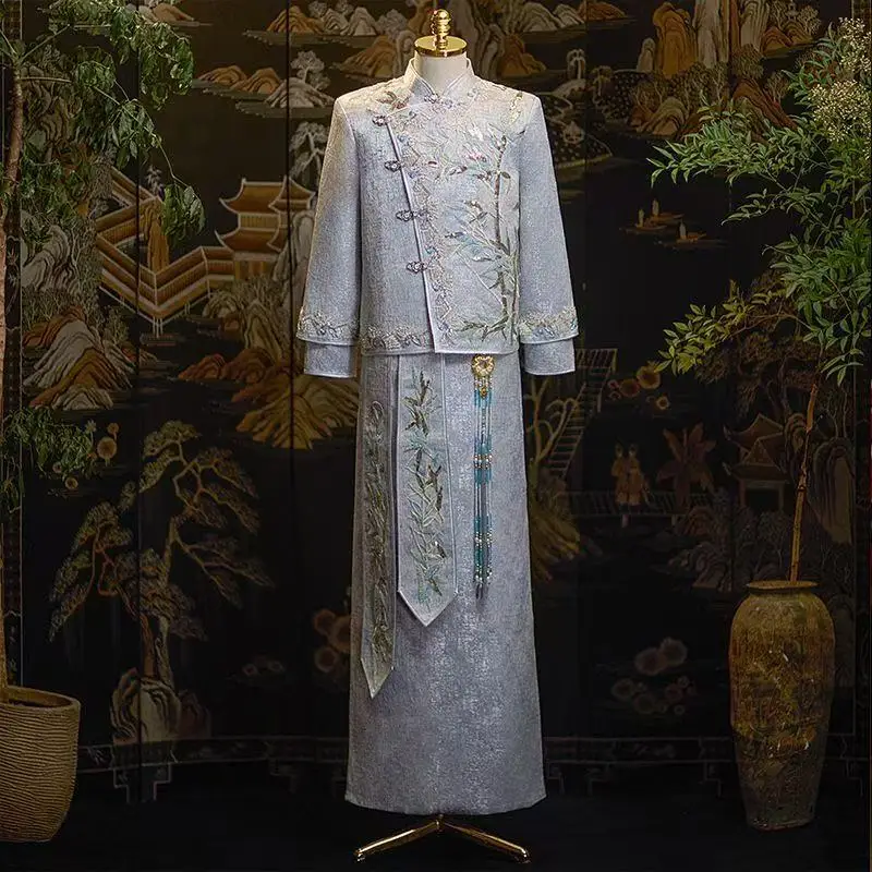 

Traditional Chinese Wedding Groom Costume High End Men's Xiuhe Suit Vintage Heavy Industry Embroidery Bridegroom Uniform Photos