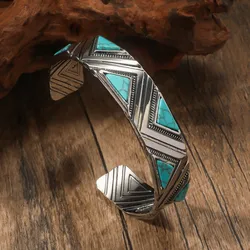 Southwest Style Cluster Cuff Statement Bracelet for Bohemian Lover Adjustable Vibrant Turquoise Engraved Geometric Cuff Bracelet