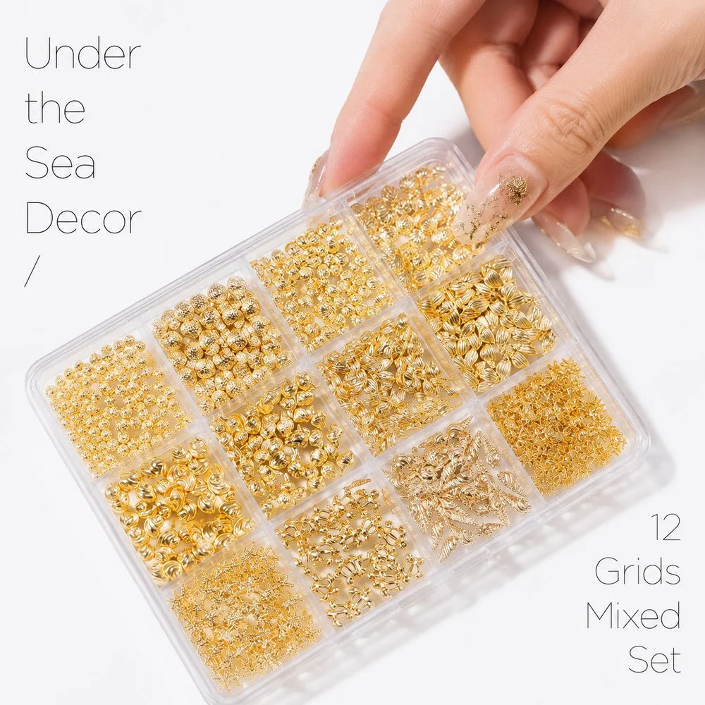 12 Grids All-in-one Sea Theme Nail Rivet Set With Tweezers Starfish Turtle Conch Alloy Nail Studs Salon DIY Craft