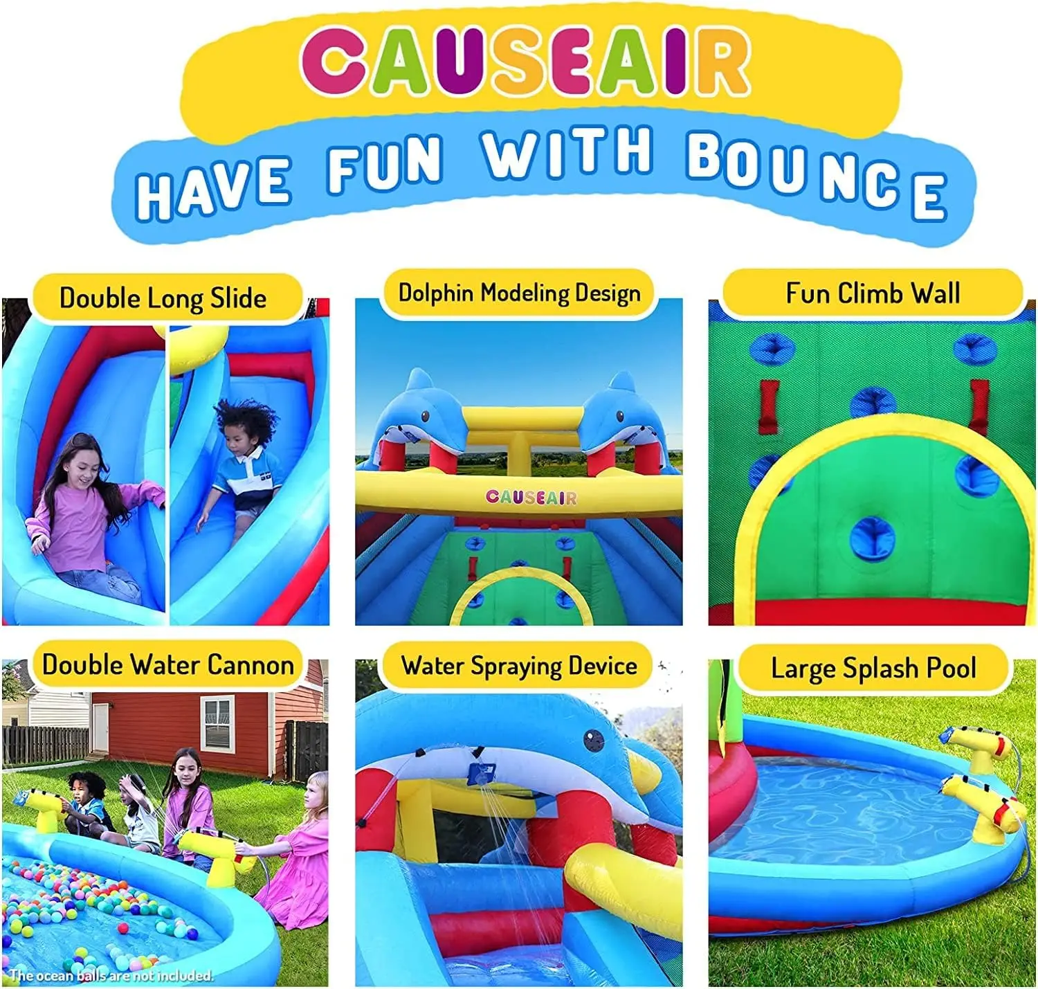 Water Slide with Bounce House,Dolphin Styling,Splashing Pool,Double Water Cannon,Climbing Wall,Heavy Duty  Blower