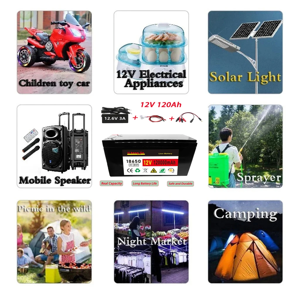 New original 12V 120Ah lithium battery pack lithium iron phosphate battery with built-in BMS Solar boat  LED lamps 12.6V charger