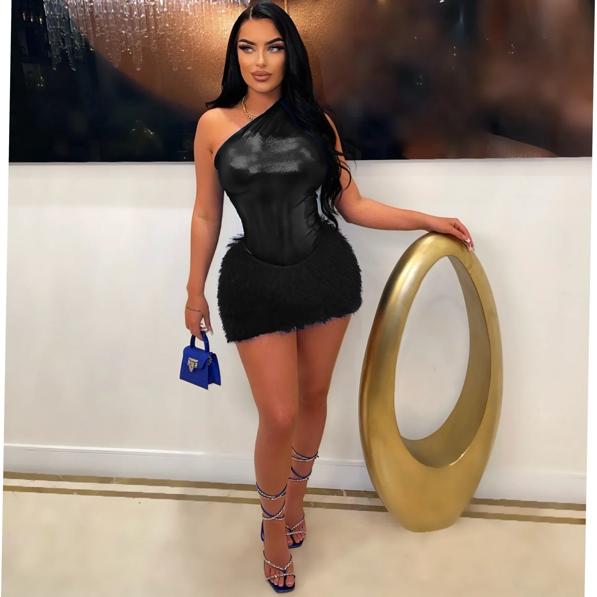 2024 Sexy Night Club Women One Shoulder Mini Dresses Faux Leather Fur Patchwork Sleeveless Party Birthday Summer Dress