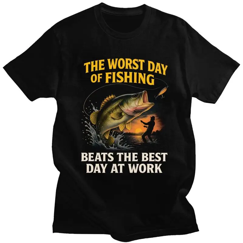 Worst Day Fishing Beats Work T Shirt for Men Tshirt Valentine's Day Gift Tees Short Sleeve Angler Fishman Lover T-shirt Slim Fit