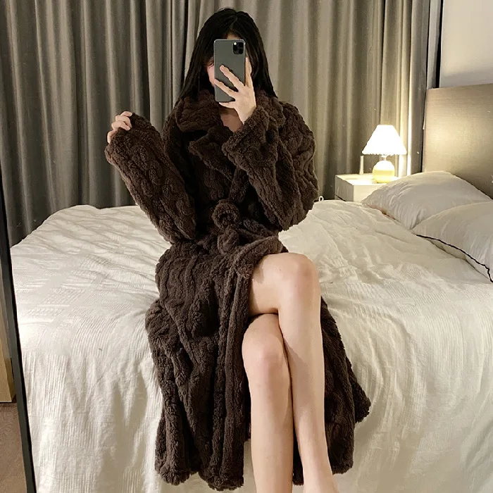 Women\'s Flannel Bathrobe with Sashes Solid Long Sleeve Ladies Dressing Gown Fleece Winter Warm Homewear Bath Robe for Female