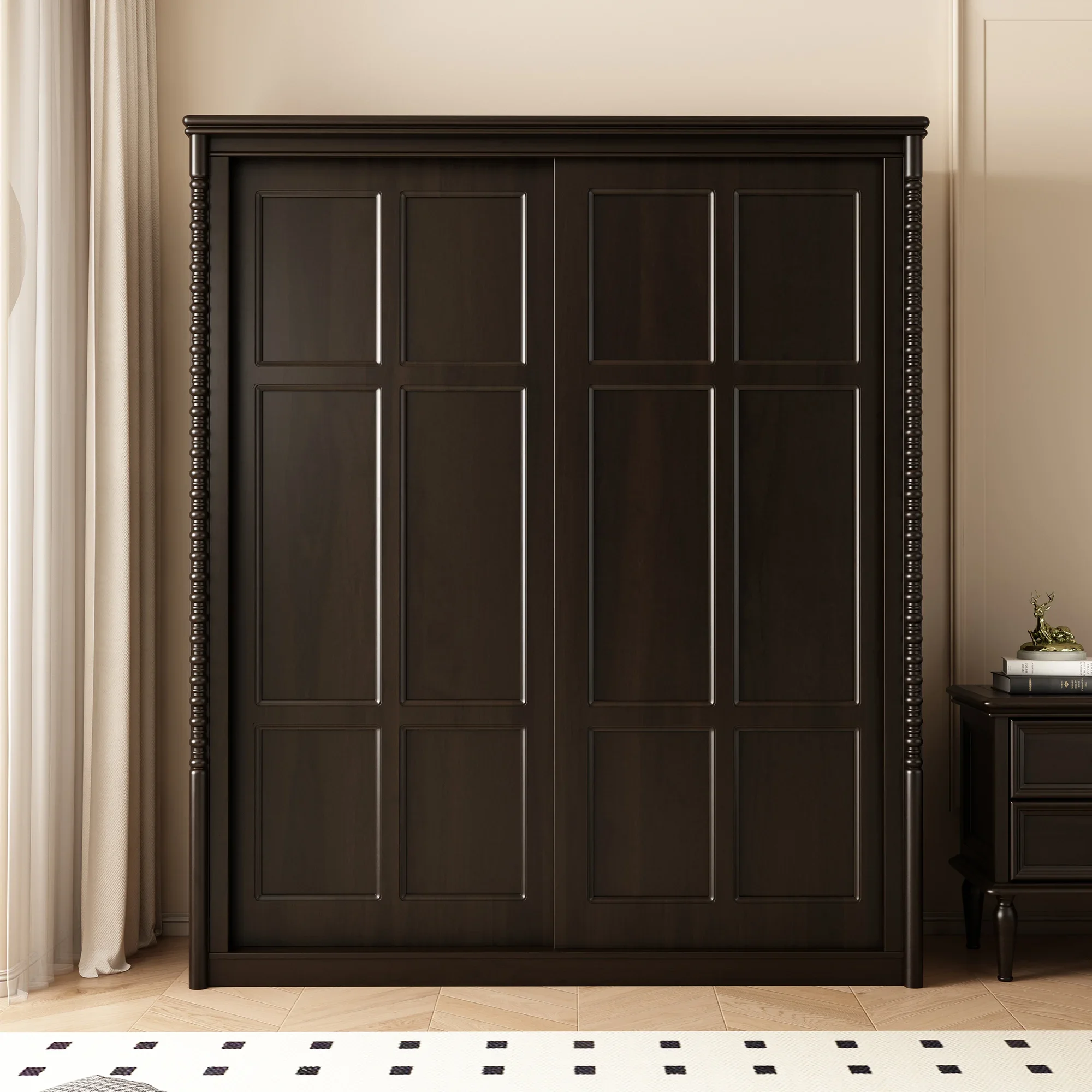 

American sliding wardrobe all solid wood French retro antique cabinet bedroom storage