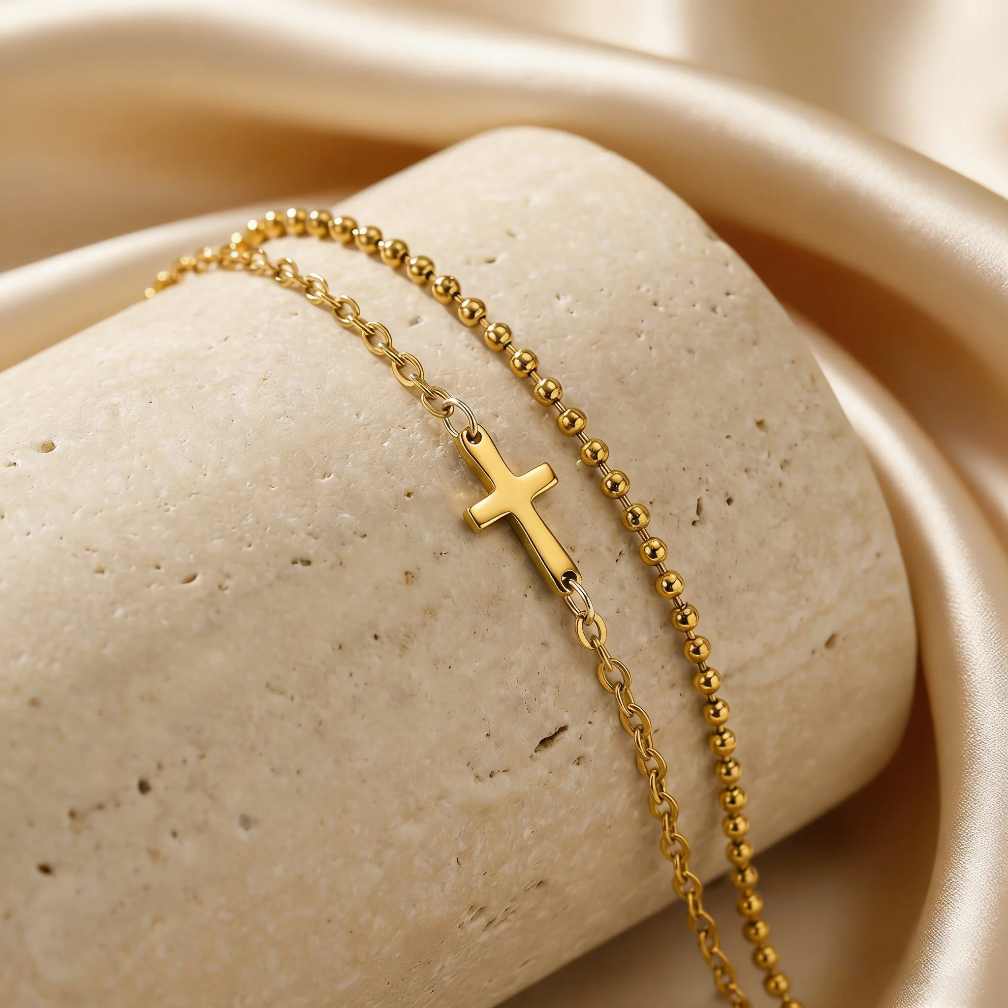Stainless Steel Double Layer Cross Bracelet for Women Gold Plated Non Fading Beads Chain Bracelets Religious Jewelry Easter Gift