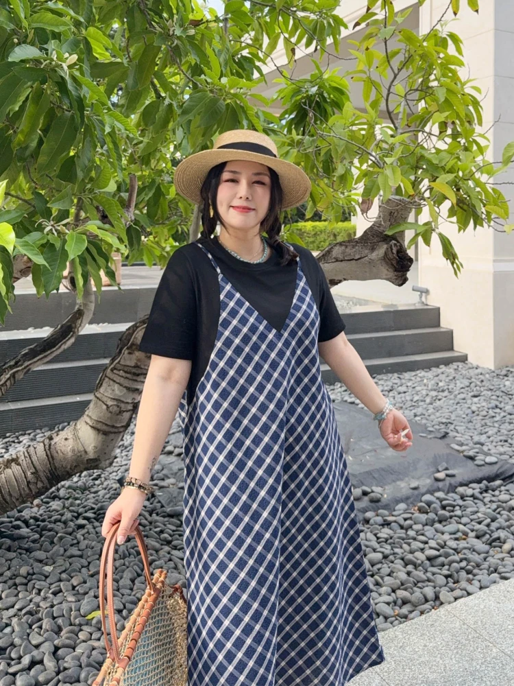 

VOGANA Large Size Women's Faionable Plaid Patchwork Loose A-Line Dr Spring Summer High Waist ort Sve Midi Dr