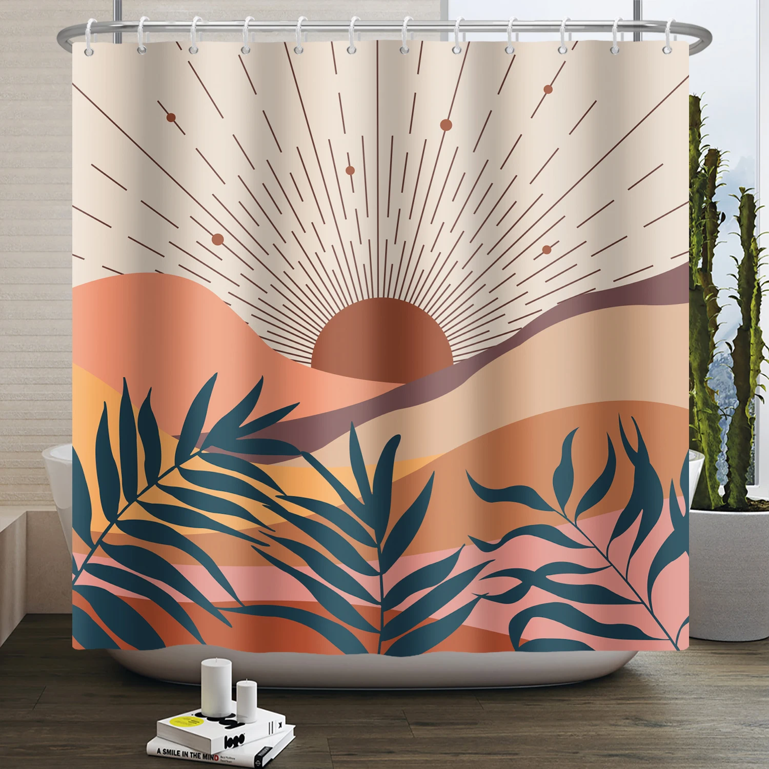 Abstract Boho Shower Curtain Modern Mid Century Minimalist Leaf Plant Arch Sun Bohemia Waterproof Bathroom Bath Curtain Decor