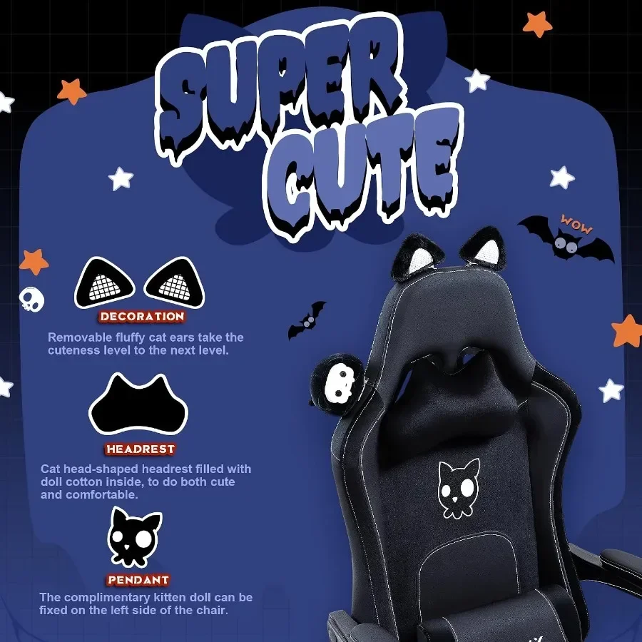Gaming Chair for Adults with Cat Ears, Black PU Leather, Massage Lumbar Support and Ergonomic Reclining Design with Footrest an - view 4