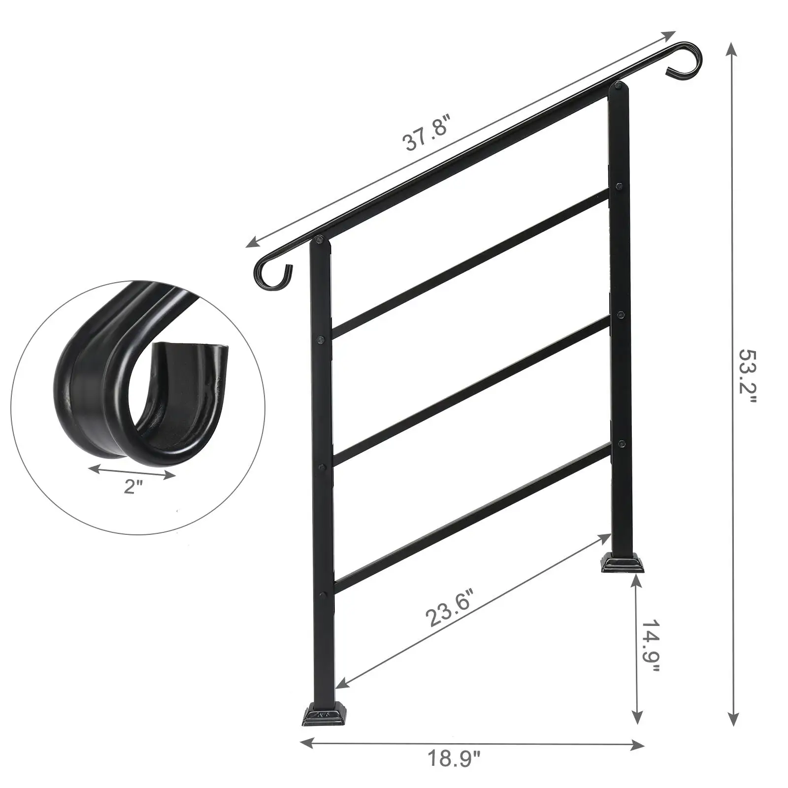 for outdoor Steps Handrail Wrought Iron 1 or 3 Steps Transitional with Installation Kit Black