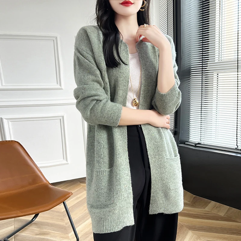 Round-Neck Mid-Length 100% Pure Wool Cardigan Sweater Women\'s Coat Loose All-In-One Fall/Winter Knit Floral Yarn Pocket Jacket