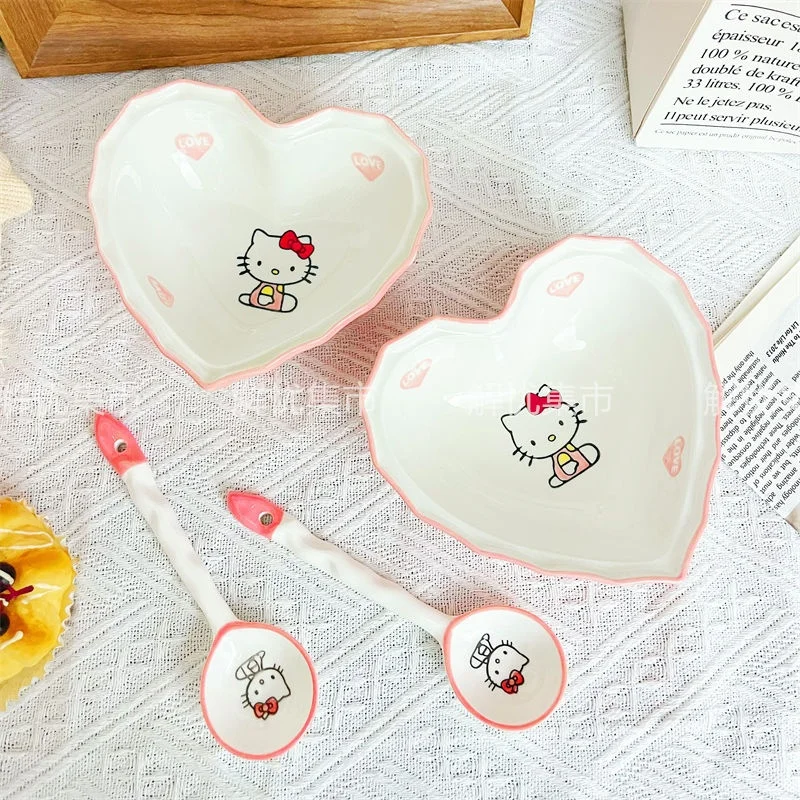 

Kawaii Anime Hello Kitty Love Bowl KT Cat Ceramic Tableware Set Plate Dormitory Student Girl Heart Ceramic Bowl Girls for Gifts