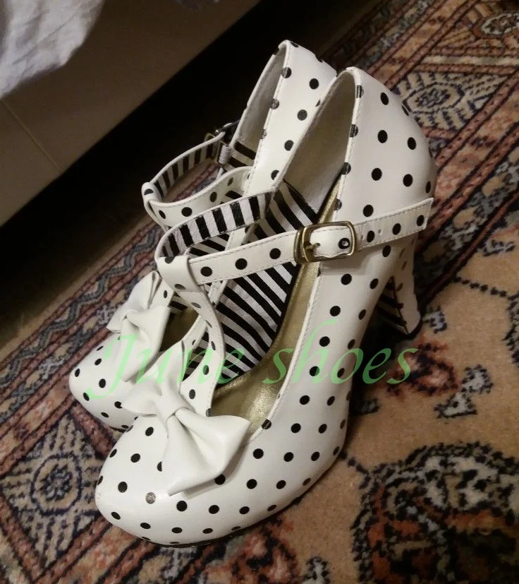 Lady Elegant Polka Dot Printed Mary Janes Bowtie Cute Style Lolita Style Buckle Strap Pu Runway Pumps Retro Low Heel Size 34-46