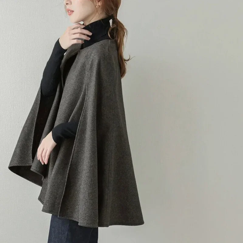 Ladies Windbreaker Coat Cloak Casual Wool Fashionable Blend Streetwear Leather Solid Color Buckle Cardigan Cloak Coat