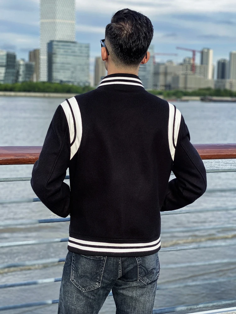 Men's leather sleeves of baseball suit Fleece Jackets Fashion trend American style college style Thickened warm autumn and winte