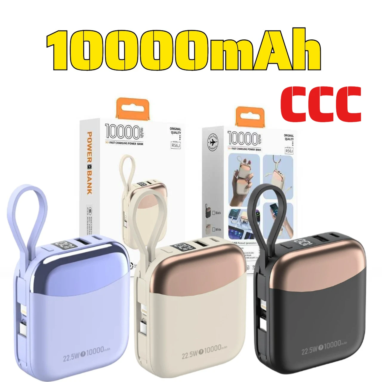 CCC Mini Portable and Compact 22.5W Fast Charging 10000MAh Power Bank with Built-in Cord Mobile Power for IPhone Xiaommi Samsung