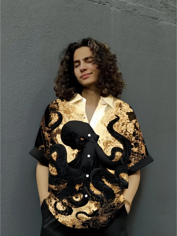 

Мужские блузки, винтажные летние рубашки с японским художественным принтом в виде осьминога, с короткими рукавами и воротником с лацканами, 2021, праздничные шикарные туники в стиле Харадзюку в стиле ретро