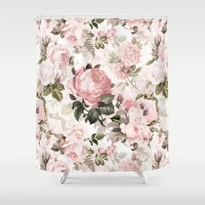 Vintage Shabby Chic Sepia Pink Roses Shower Curtain Bath Decor Frabic Waterproof Polyester Durable Bathroom Curtains with Hooks