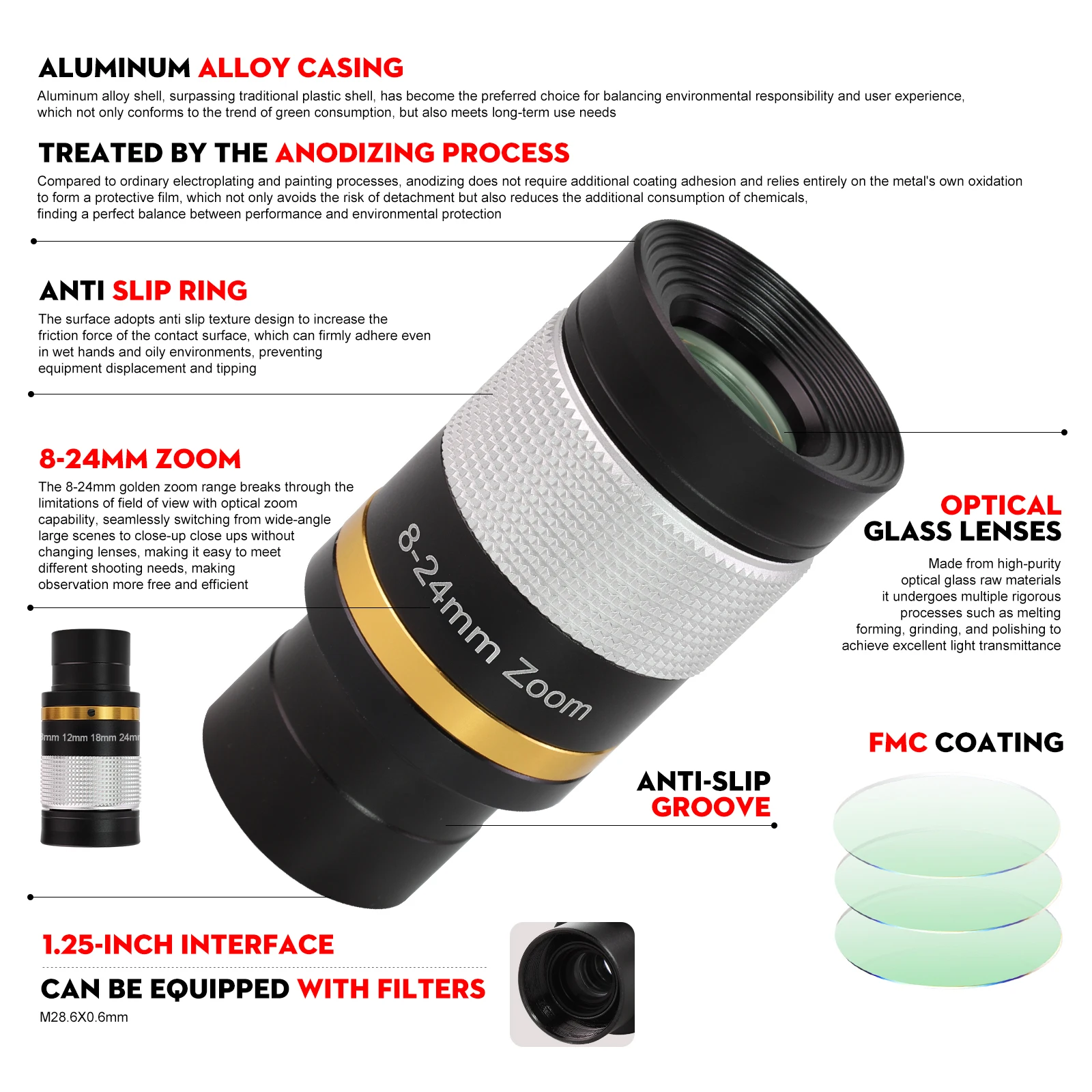 Datyson 8-24mm HD Zoom Eyepiece Wide Angle Fully Multi-Coated Lens for 1.25 Inch 31.7mm Interface Astronomical Telescope