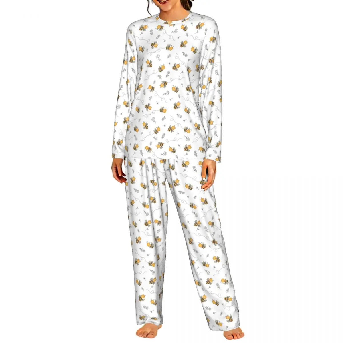 Cartoon Honey Bee Pattern Round Neck Long Sleeve Nightgowns for Sleeping Sleepshirts Women Loose Pajama Set Long Pants