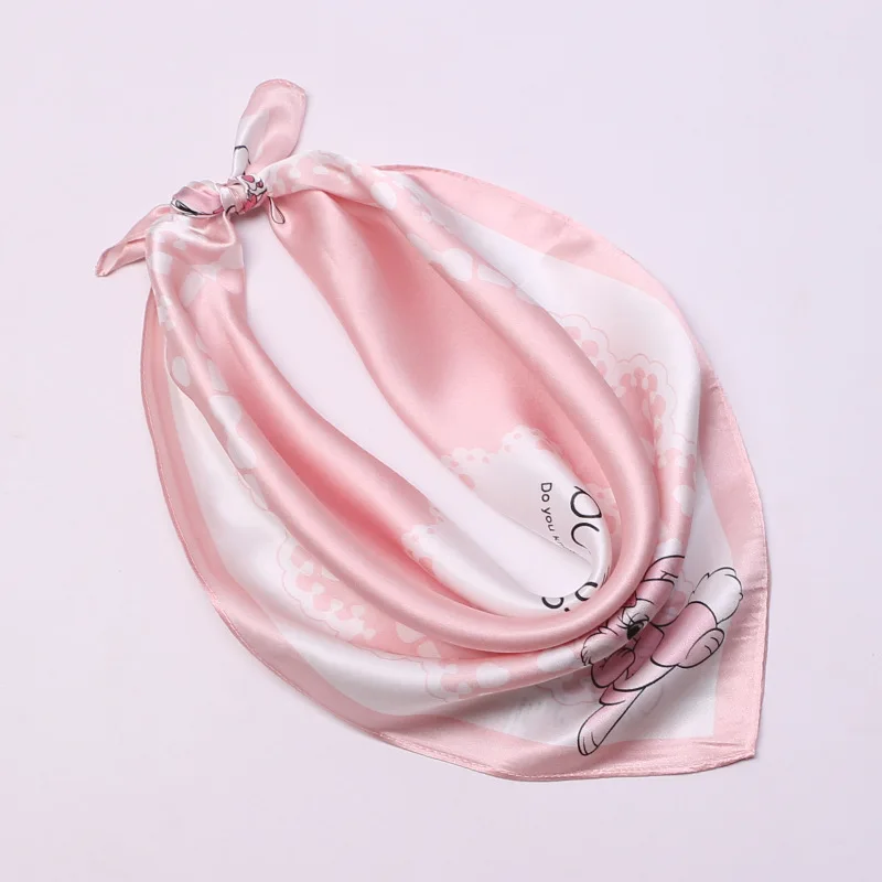 Cute cartoon rabbit fashion women 100% real silk scarves children 50cm small square headband wrap adorable gift for baby kids