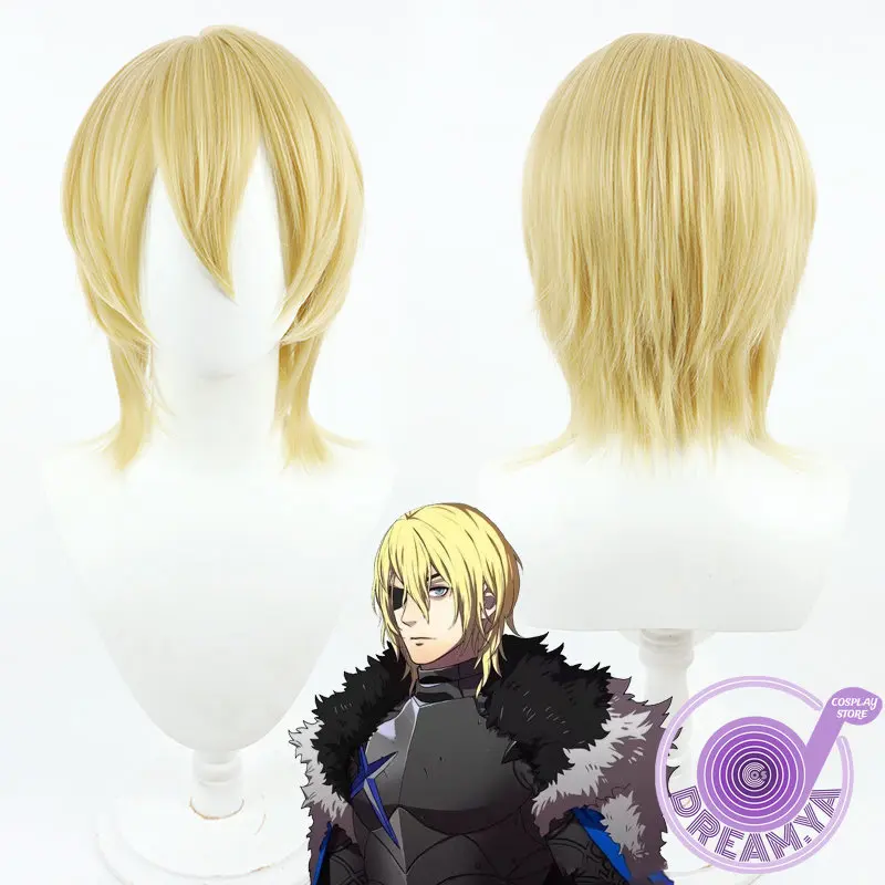 Dimitri Alexandre Bladud Cosplay Wig Fire Emblem Yellow Golden Short Heat Resistant Synthetic Hair Halloween Party + Wig Cap