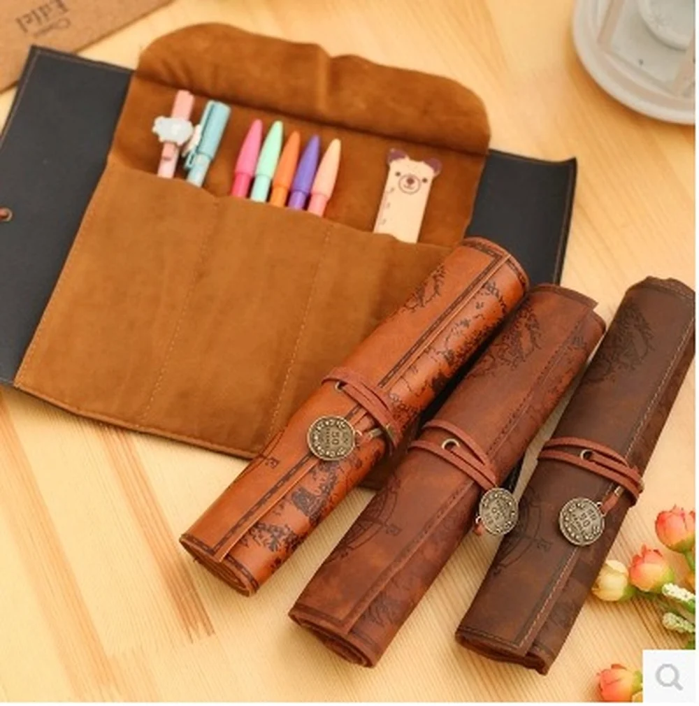 

Retro Treasure Map Roll Pencil Case PU Leather Big Capacity Pen Bag Makeup Brush Pouch Pencilcase School Stationery Supplies