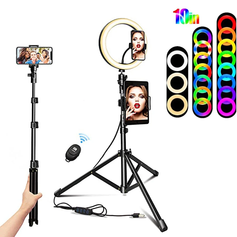 

10 Inch RGB Video Light Multi-Function Tripod Selfie Stick Photography Lighting Selfie RingLight Circle Lamp Phone Holder Stand