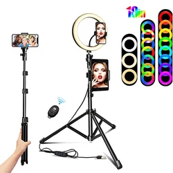 10 Cal lampa wideo RGB wielofunkcyjny statyw do kijka do Selfie oświetlenie fotograficzne Selfie lampa koło RingLight stojak na telefon