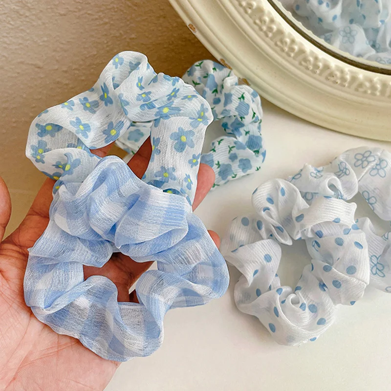 Blue Series Chiffon Scrunchies Ponytail Holders Rubber Band Sweet Hair Accessories Organza Mesh Hair Rope Floral Hair Ring