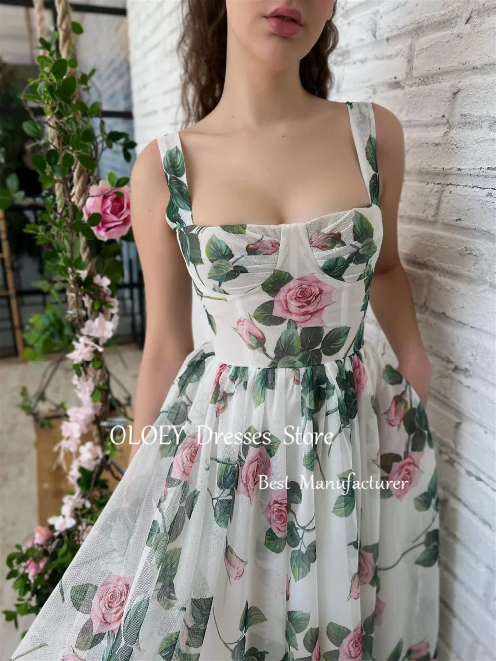 OLOEY Modern Style Floral Prom Dress Square Collar Tea-length Cap Strap Draped Evening Dress Summer Dress Wedding Party Dress