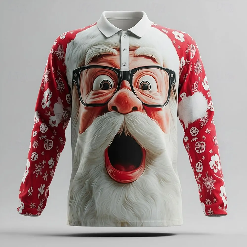 

3D Print Funny Santa Claus Face Graphic Men's Polo Shirt Christmas Theme Family Party Creative Clothes Autumn Winter Casual Tops
