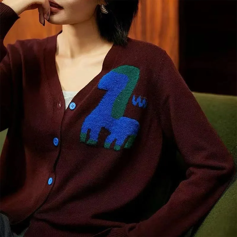 Women's Clothing Chic All-match Pony Embroidery Sweaters Autumn Winter Casual V-neck Single Breasted Knit Cardigan Lady Y2k Tops