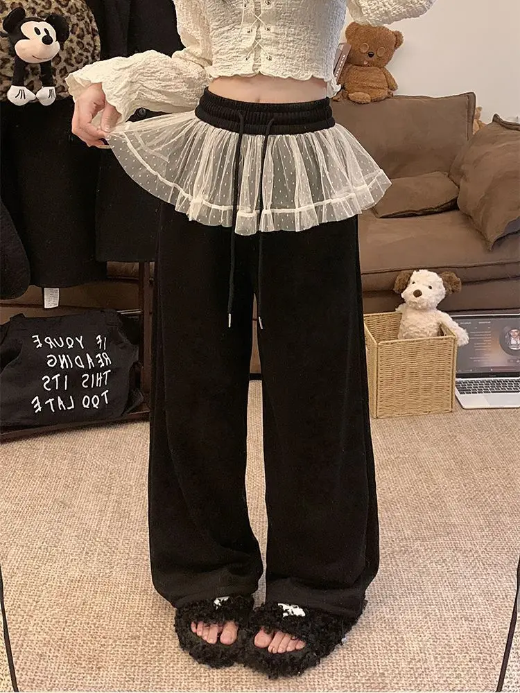 High Waist Lace Patchwork Loose Floor-Length Casual Pants Women's Spring Autumn Lazy Style Trousers Korean Version Wide Leg P...
