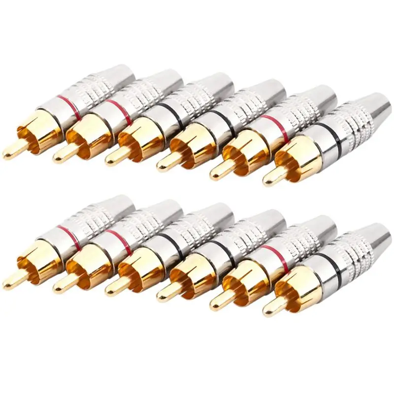 ABUH-RCA Male Plug Adapter, Audio Phono Gold Plated Solder Connector,Hi End - 12-Pack,Silver