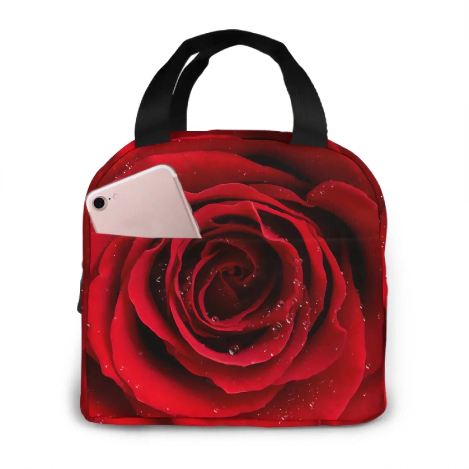 Red Rose Flower with Raindrop Valentine\'s Day Insulated Lunch Bag lunch box containers for Women Men Office School Picnic